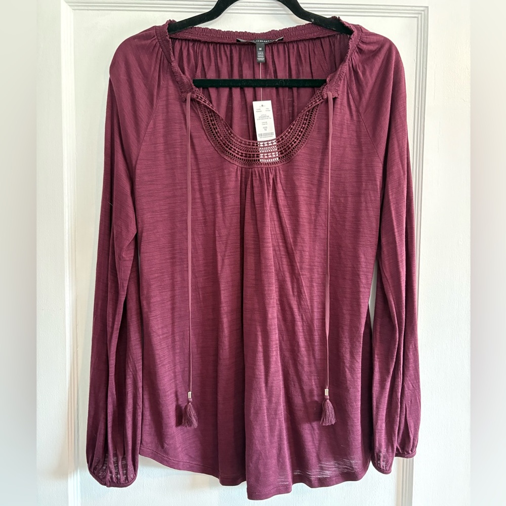 NWT Women's White House Black Market Plum Long-Sleeve Peasant Blouse Size Medium